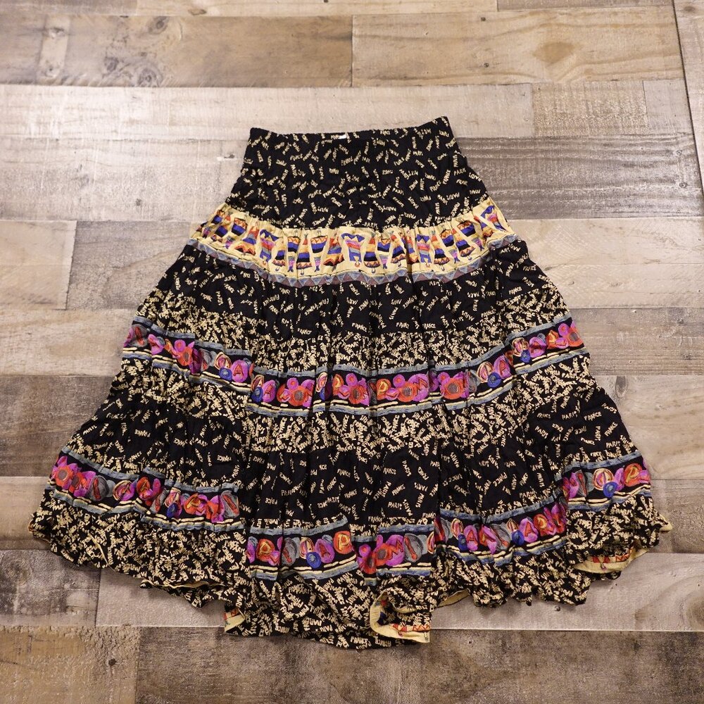 Carole Little Vintage Boho Festival Skirt Black Floral Ruffle Tiered Size 6